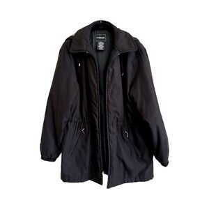 OUTBROOK, WOMENS, BLACK, HOODED COAT. DETACHABLE TAN/BLACK HOOD. SIZE 8/10